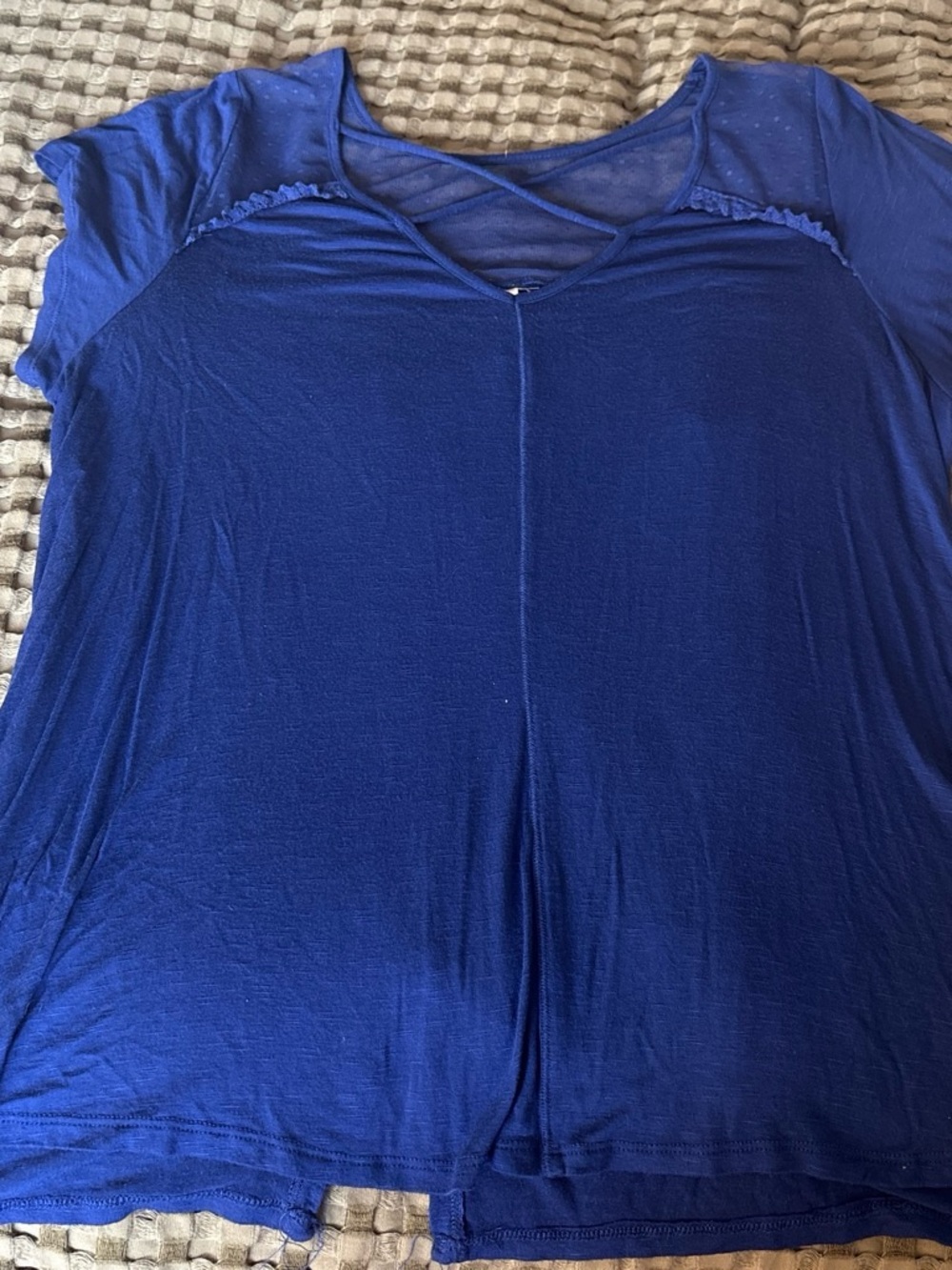 Xhilaration Royal Blue Short Sleeve V-Neck Blouse with Mesh Yoke